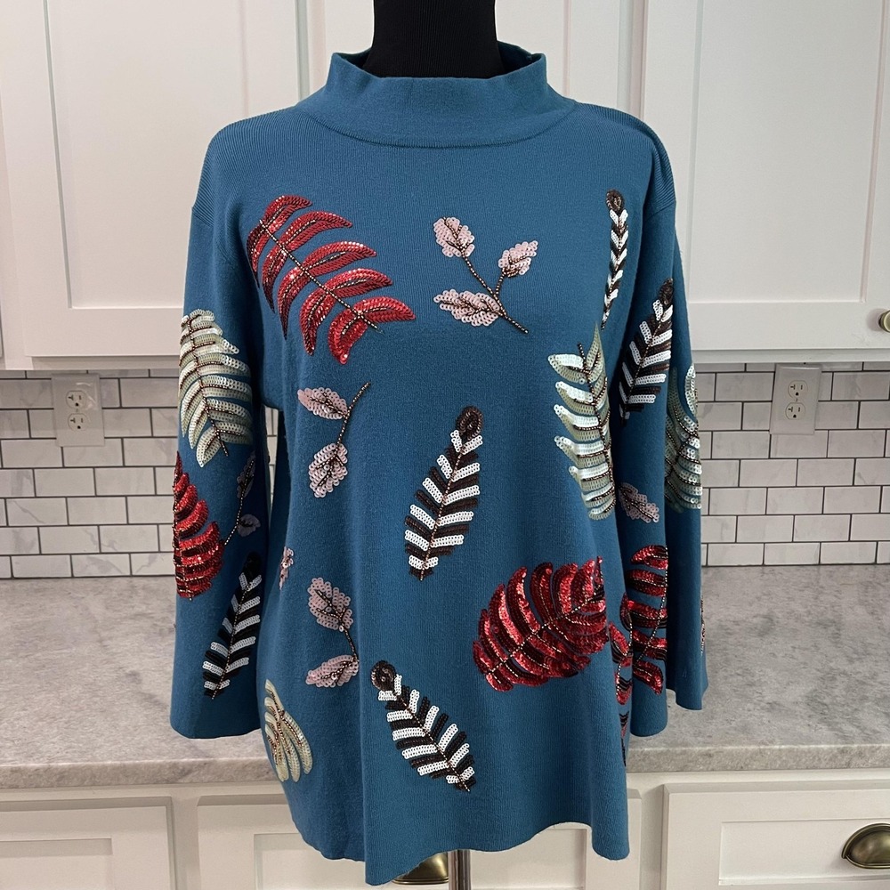 Fate Sweater Womens Large Blue Teal Sequin Beaded Leaf Knit Anthropologie Boho